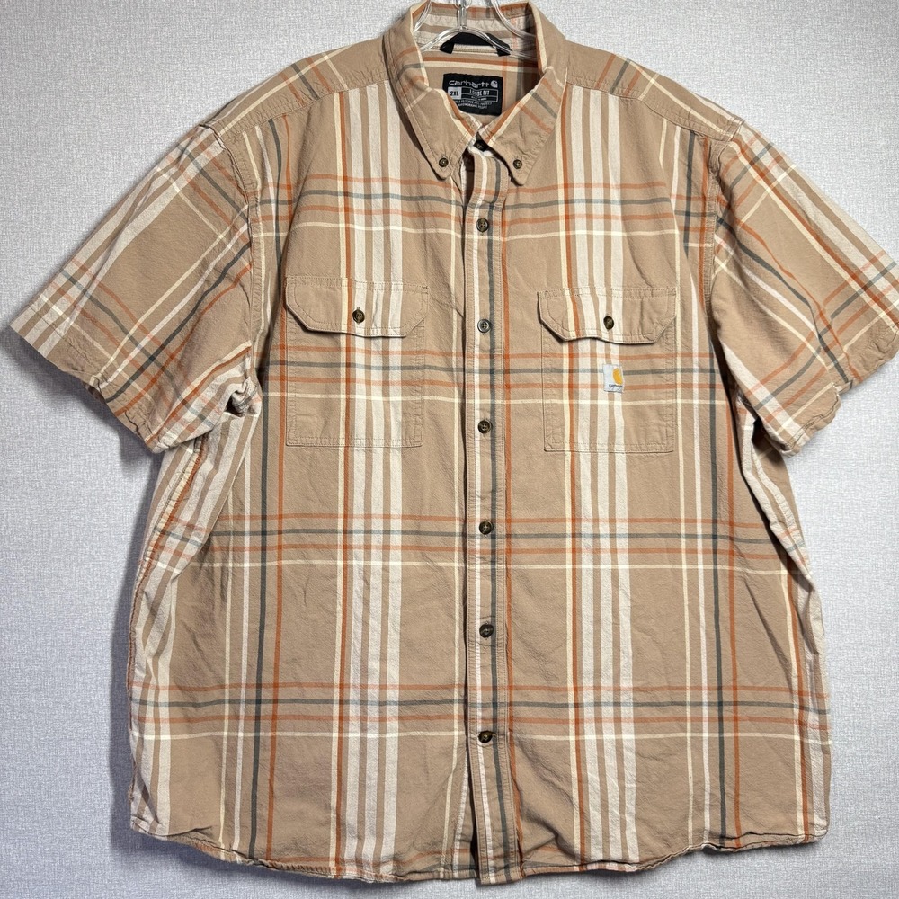 Carhartt Shirt Mens‎ 2XL Beige Plaid Short Sleeve Button Up Workwear Pockets